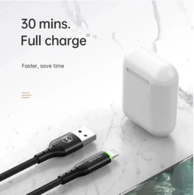 Black Apple-compatible iPhone charger cable with LED indicators in 1.2m or 1.8m lengths