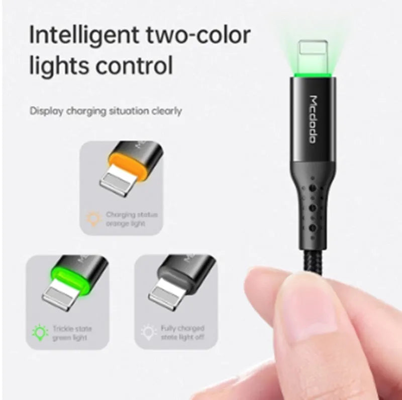 Black Apple-compatible iPhone charger cable with LED indicators in 1.2m or 1.8m lengths