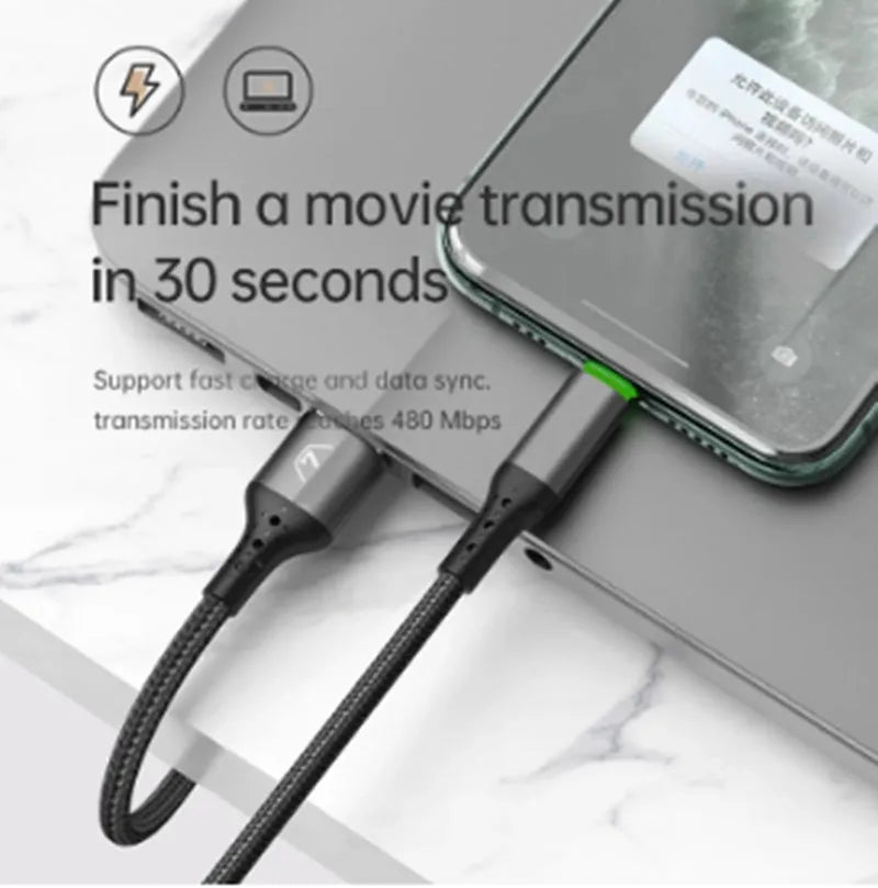 Black Apple-compatible iPhone charger cable with LED indicators in 1.2m or 1.8m lengths