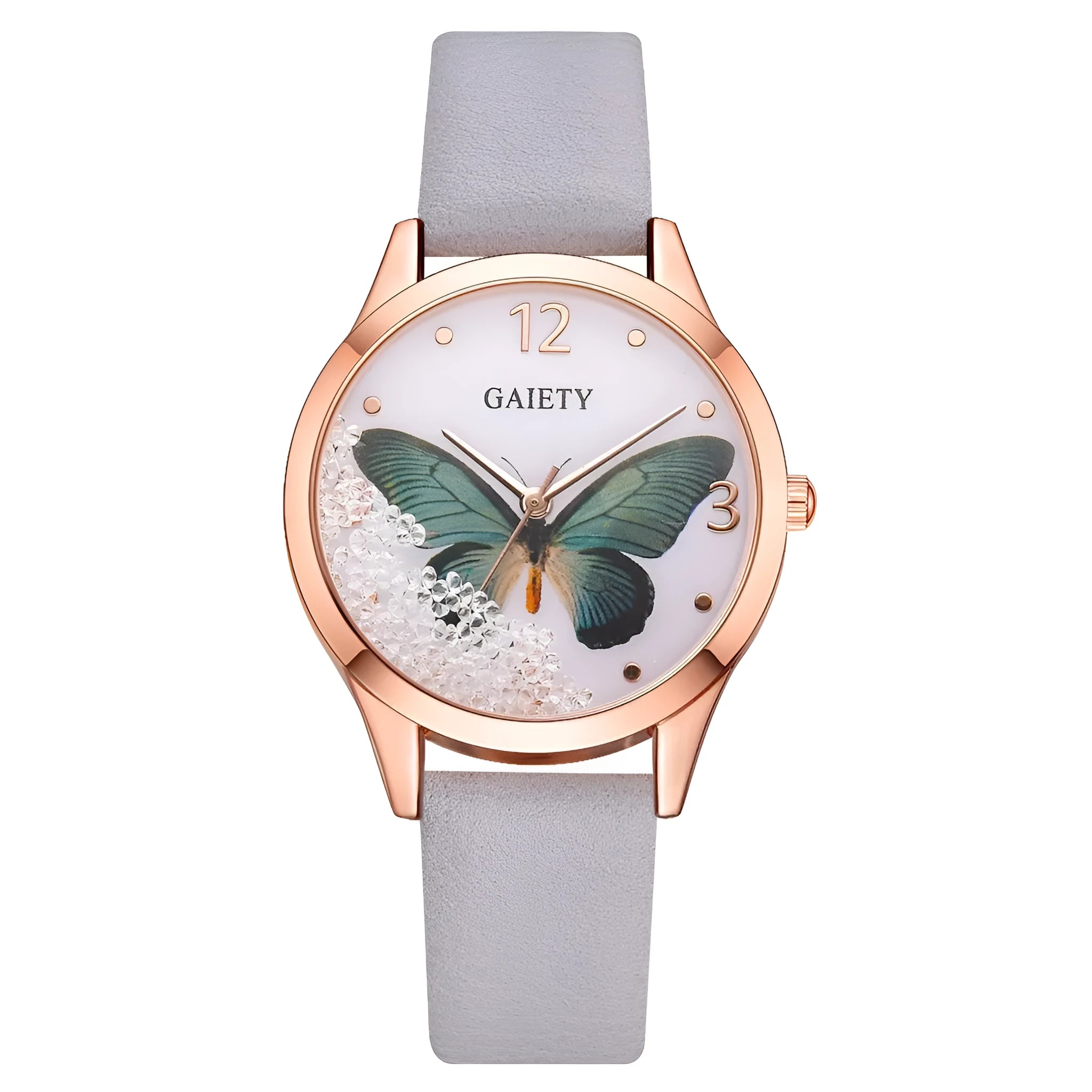 Gaiety brand ladies wristwatch with a removable rhinestone butterfly on a leather strap, showing a round sky blue dial.