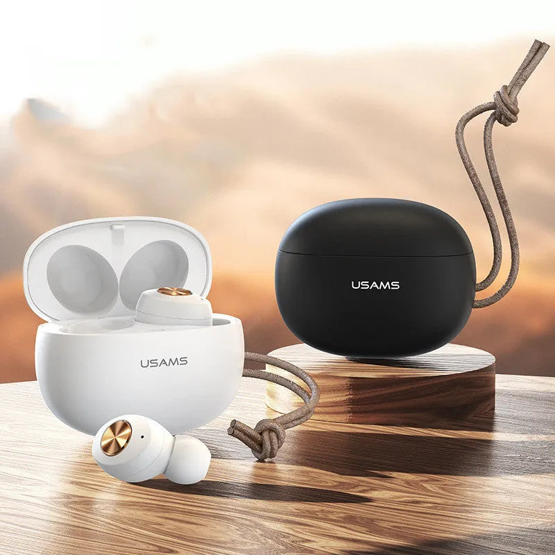 Pebble Series mini TWS wireless Bluetooth earbuds in charging case, shown in black, white, and dark green.