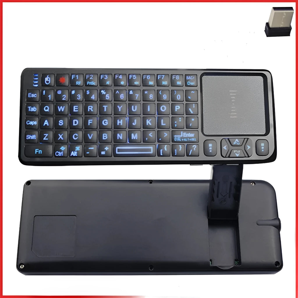 Black wireless mini keyboard with laser pointer and touch screen for teaching presentations
