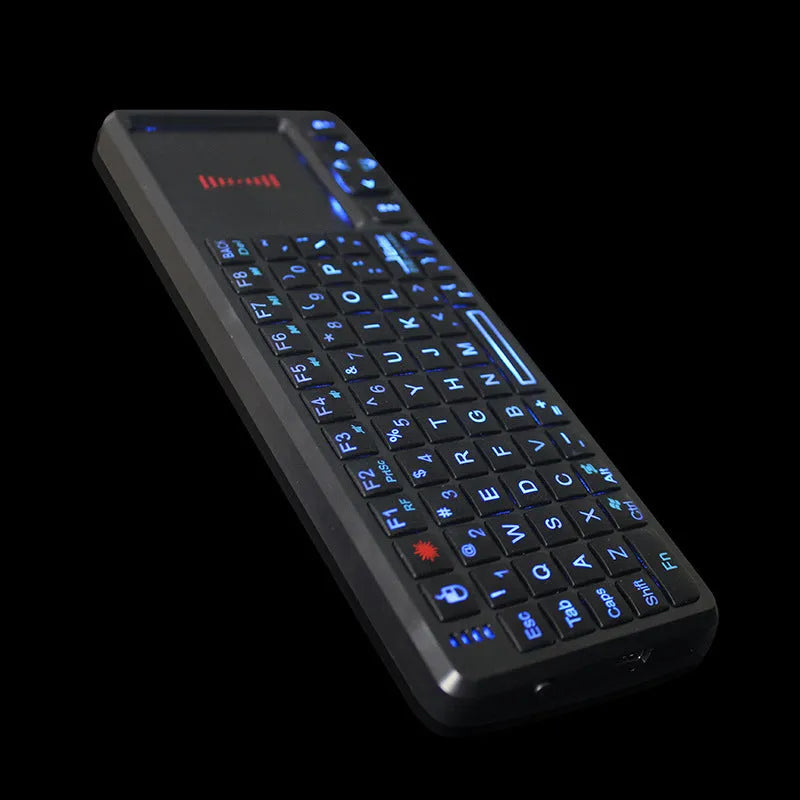 Black wireless mini keyboard with laser pointer and touch screen for teaching presentations