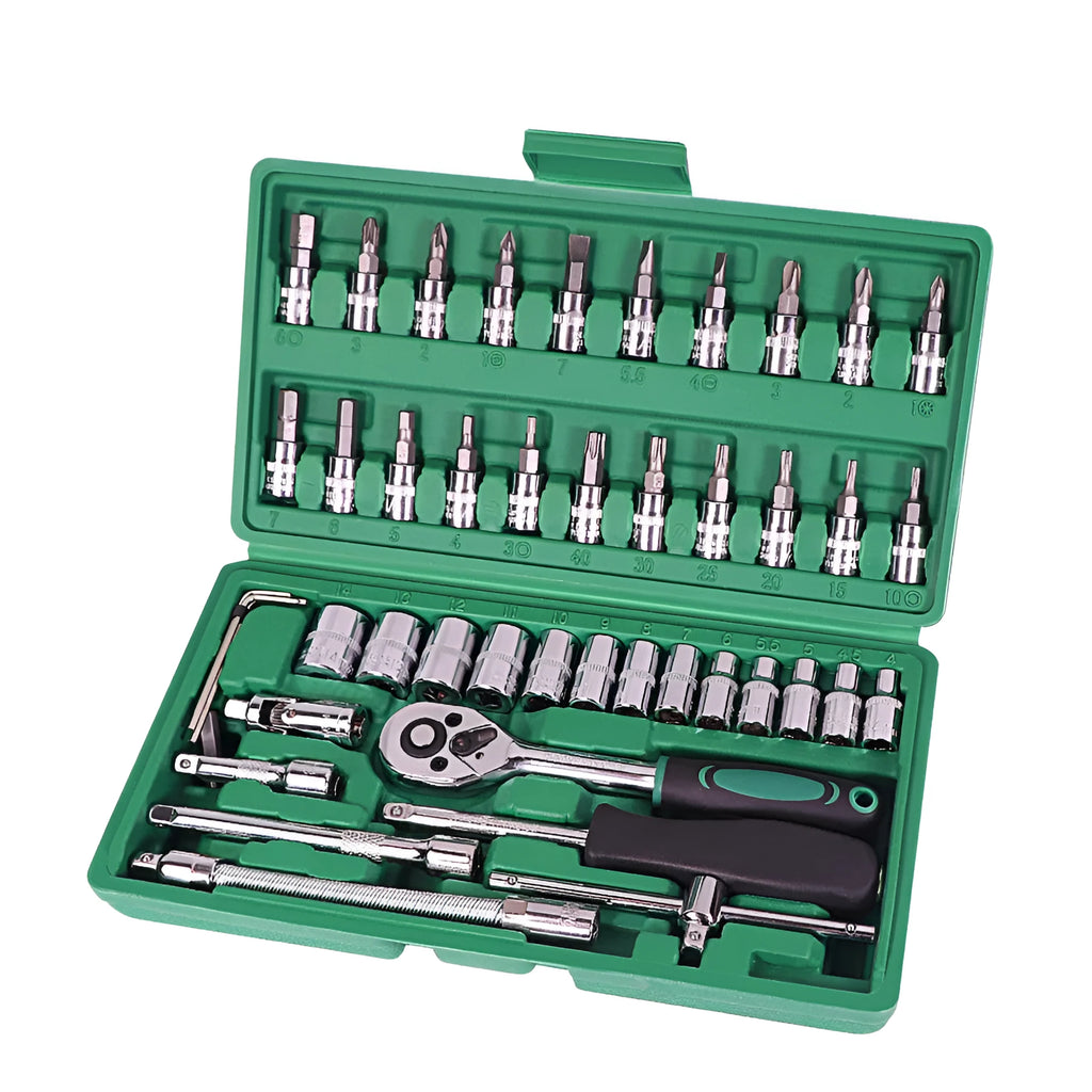 46 piece alloy steel metric socket set with ratchet wrench in green plastic box for auto repair