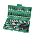 46 piece alloy steel metric socket set with ratchet wrench in green plastic box for auto repair