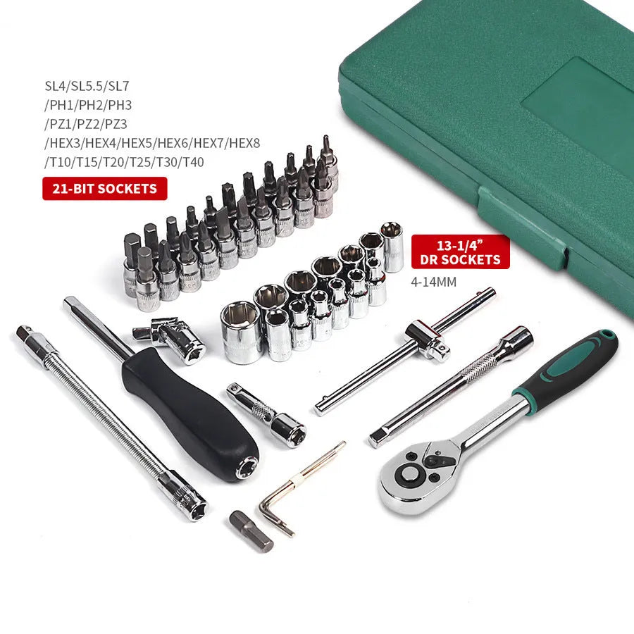 46 piece alloy steel metric socket set with ratchet wrench in green plastic box for auto repair