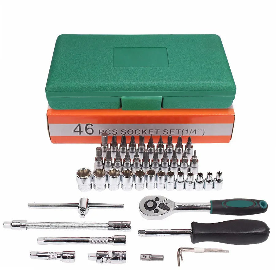 46 piece alloy steel metric socket set with ratchet wrench in green plastic box for auto repair