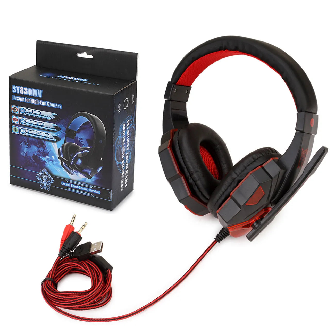 Wired gaming headset with light-up design and tanned leather earmuffs for PC and PS4