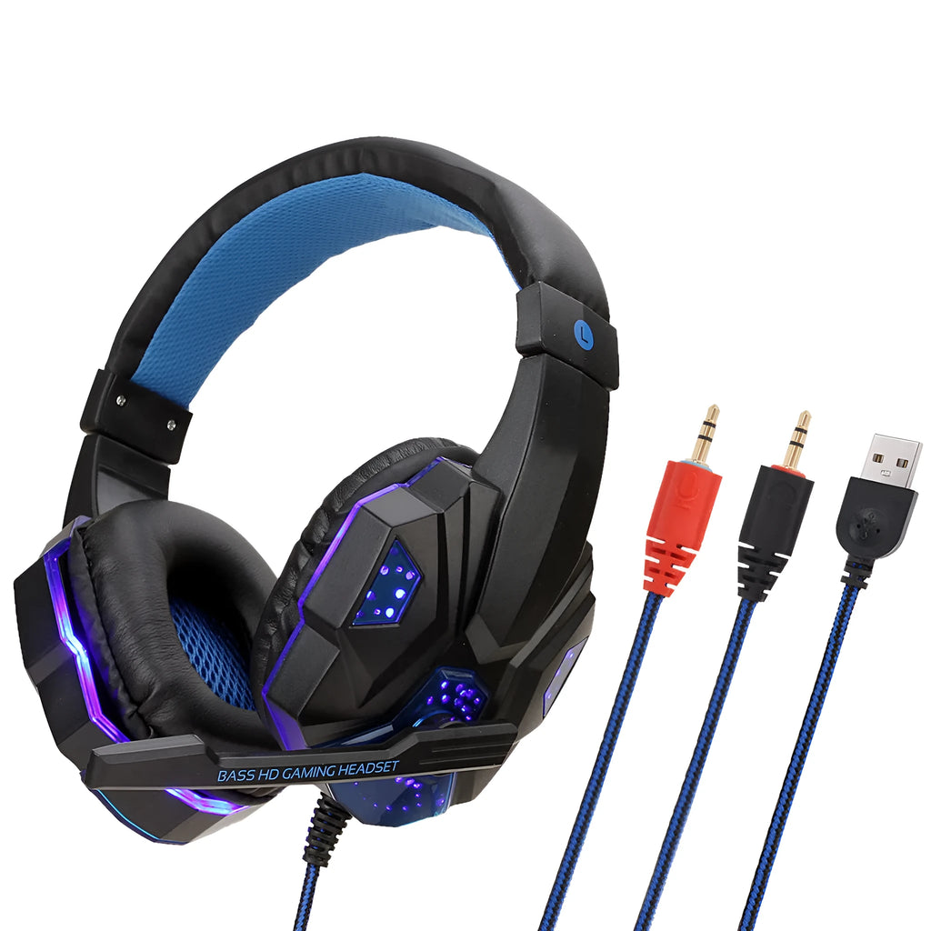 Wired gaming headset with light-up design and tanned leather earmuffs for PC and PS4