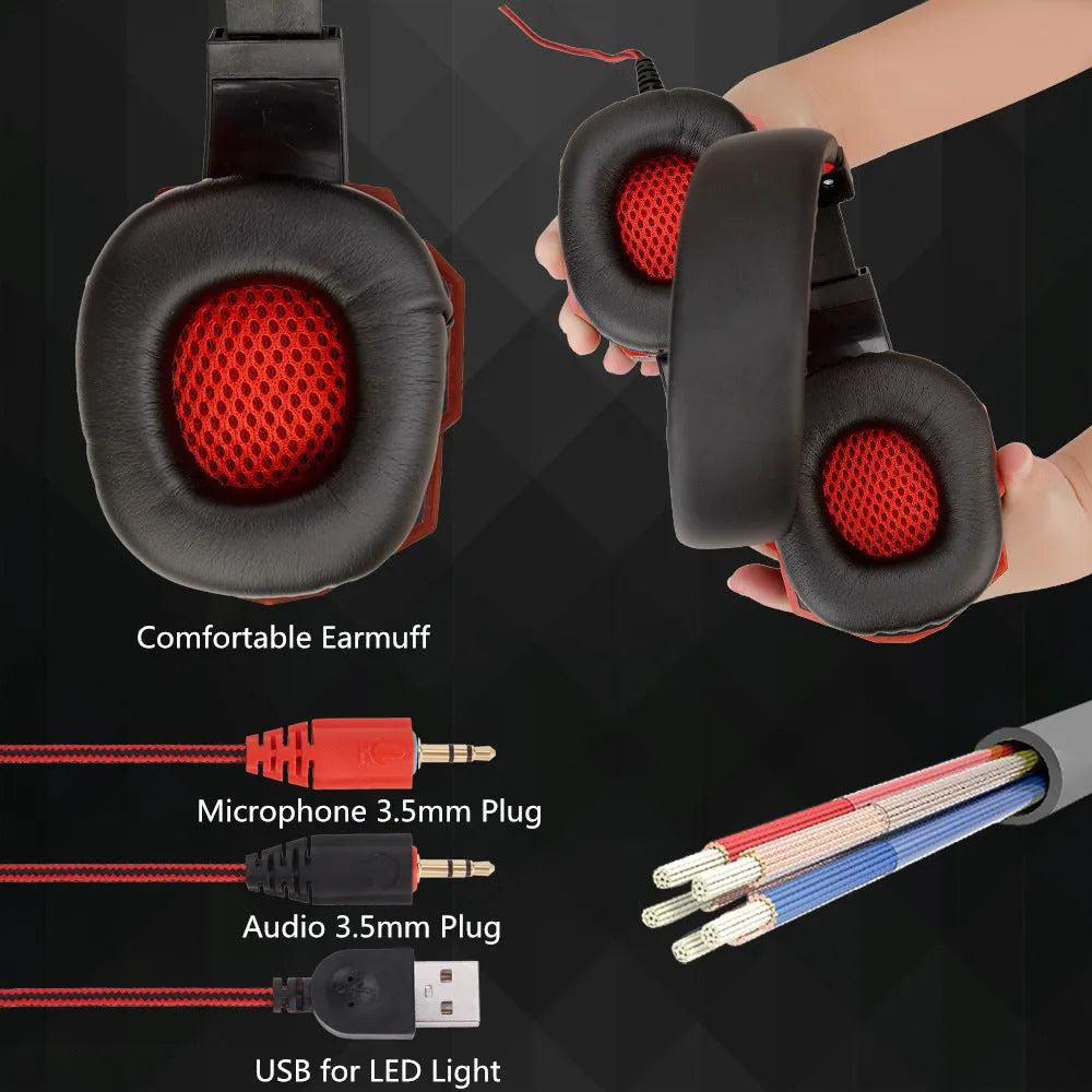 Wired gaming headset with light-up design and tanned leather earmuffs for PC and PS4