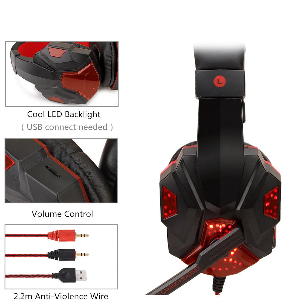 Wired gaming headset with light-up design and tanned leather earmuffs for PC and PS4