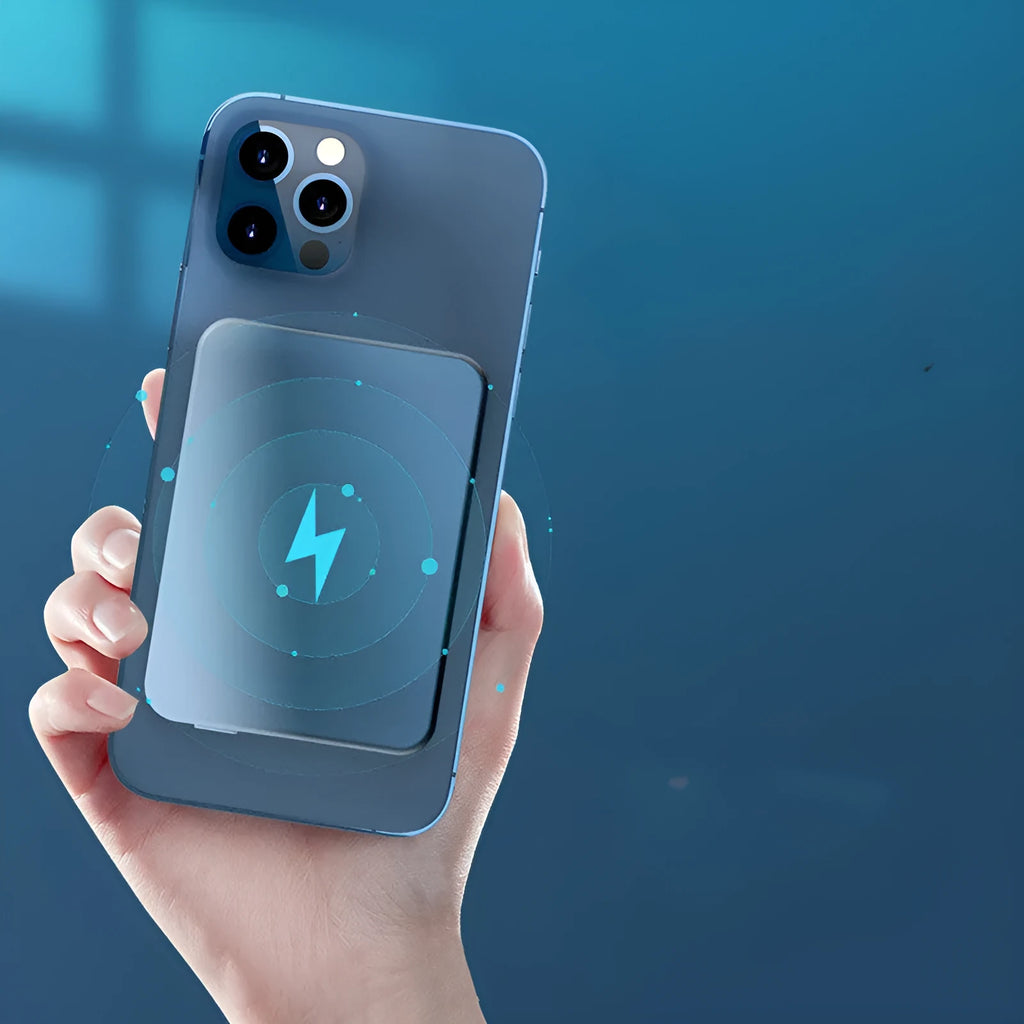 Silver aluminium Apple-compatible magnetic wireless charging power bank showing USB-C port.