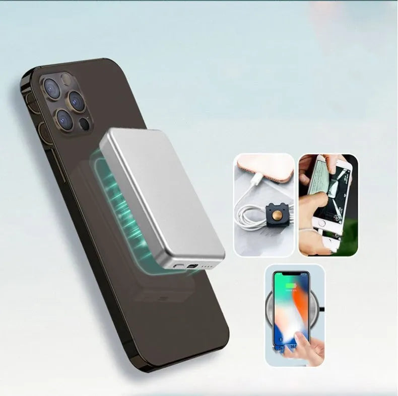 Silver aluminium Apple-compatible magnetic wireless charging power bank showing USB-C port.