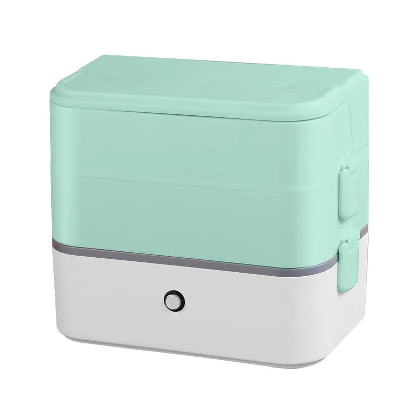 Double-layer portable heated lunch box with stainless steel interior in pink white colour option