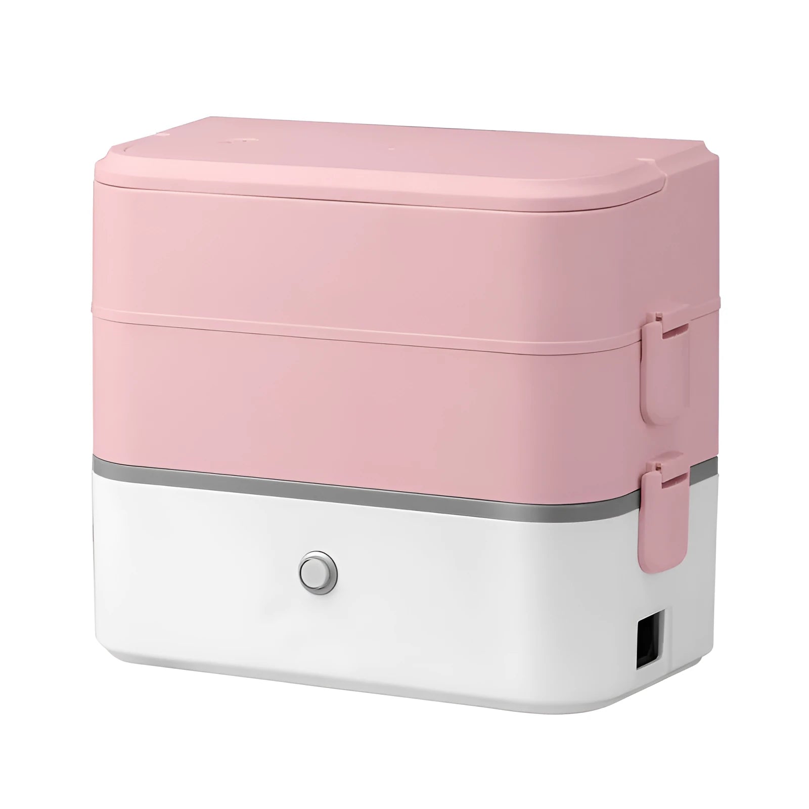 Double-layer portable heated lunch box with stainless steel interior in pink white colour option