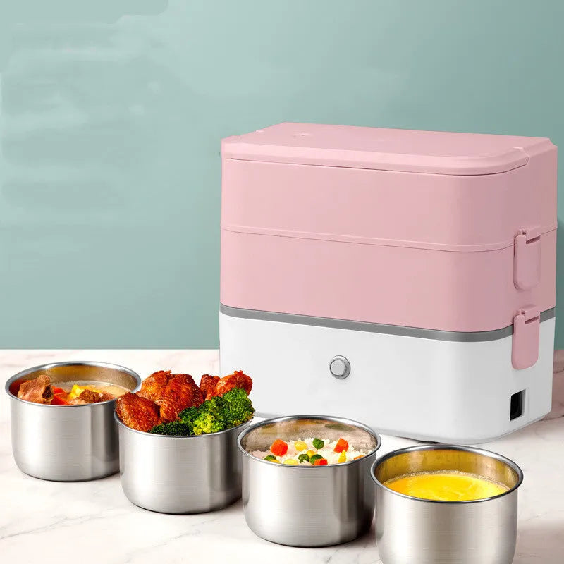 Double-layer portable heated lunch box with stainless steel interior in pink white colour option