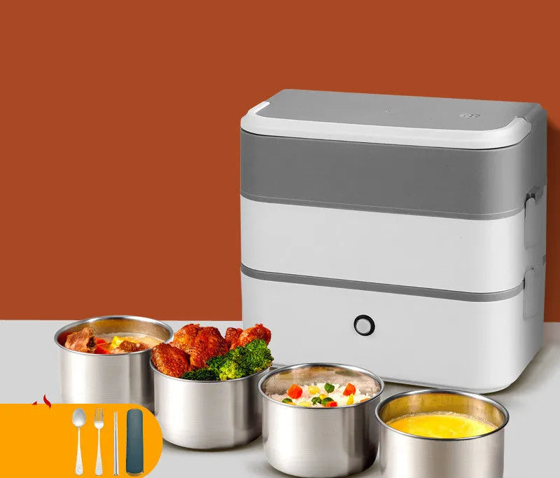 Double-layer portable heated lunch box with stainless steel interior in pink white colour option