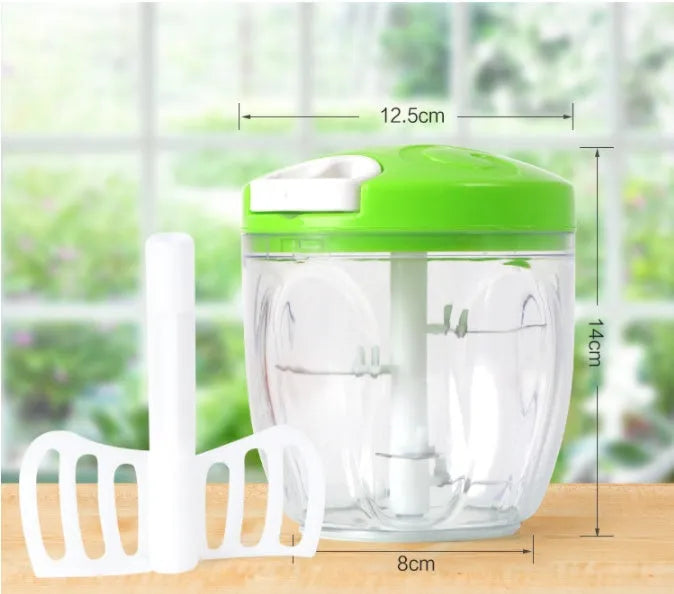 Green manual food chopper with three stainless steel blades and 500ml capacity