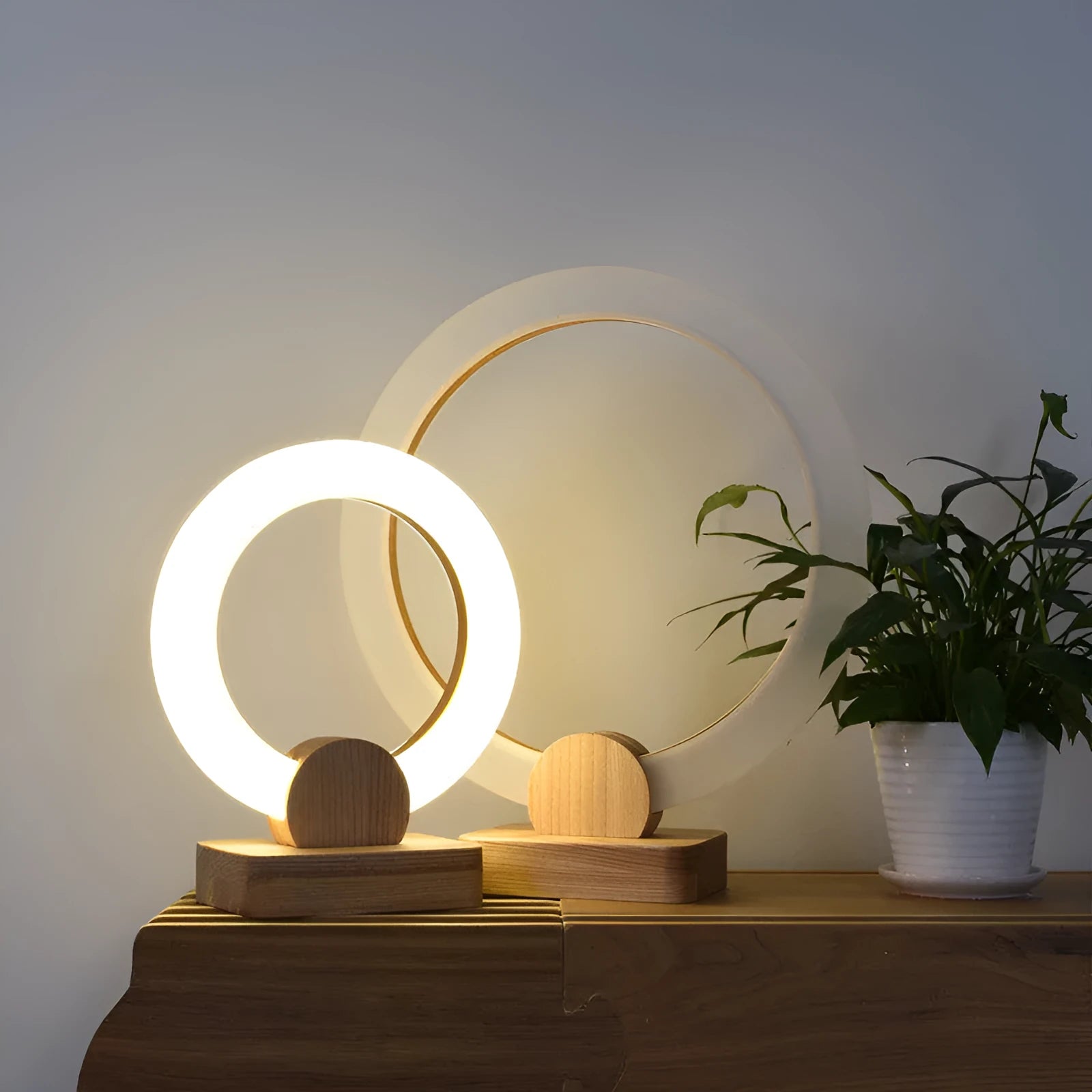 Nordic style wooden circular chandelier with acrylic shade in 20cm or 30cm diameter options.