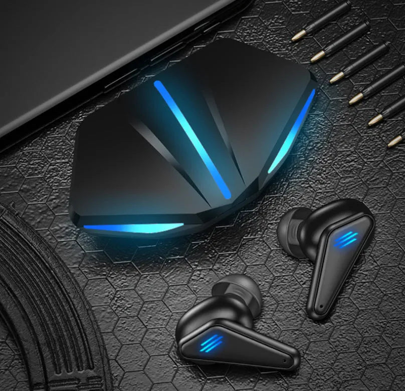 Blue Private Model K55 wireless Bluetooth gaming earbuds with bilateral stereo design.