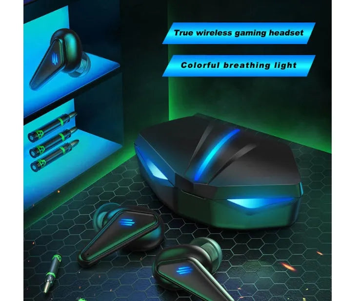 Blue Private Model K55 wireless Bluetooth gaming earbuds with bilateral stereo design.