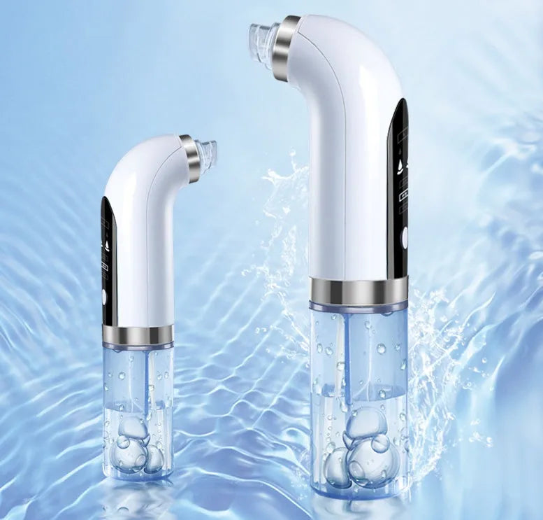 Rechargeable blackhead remover vacuum with six replaceable probes, five suction levels, white colour, and USB charger.