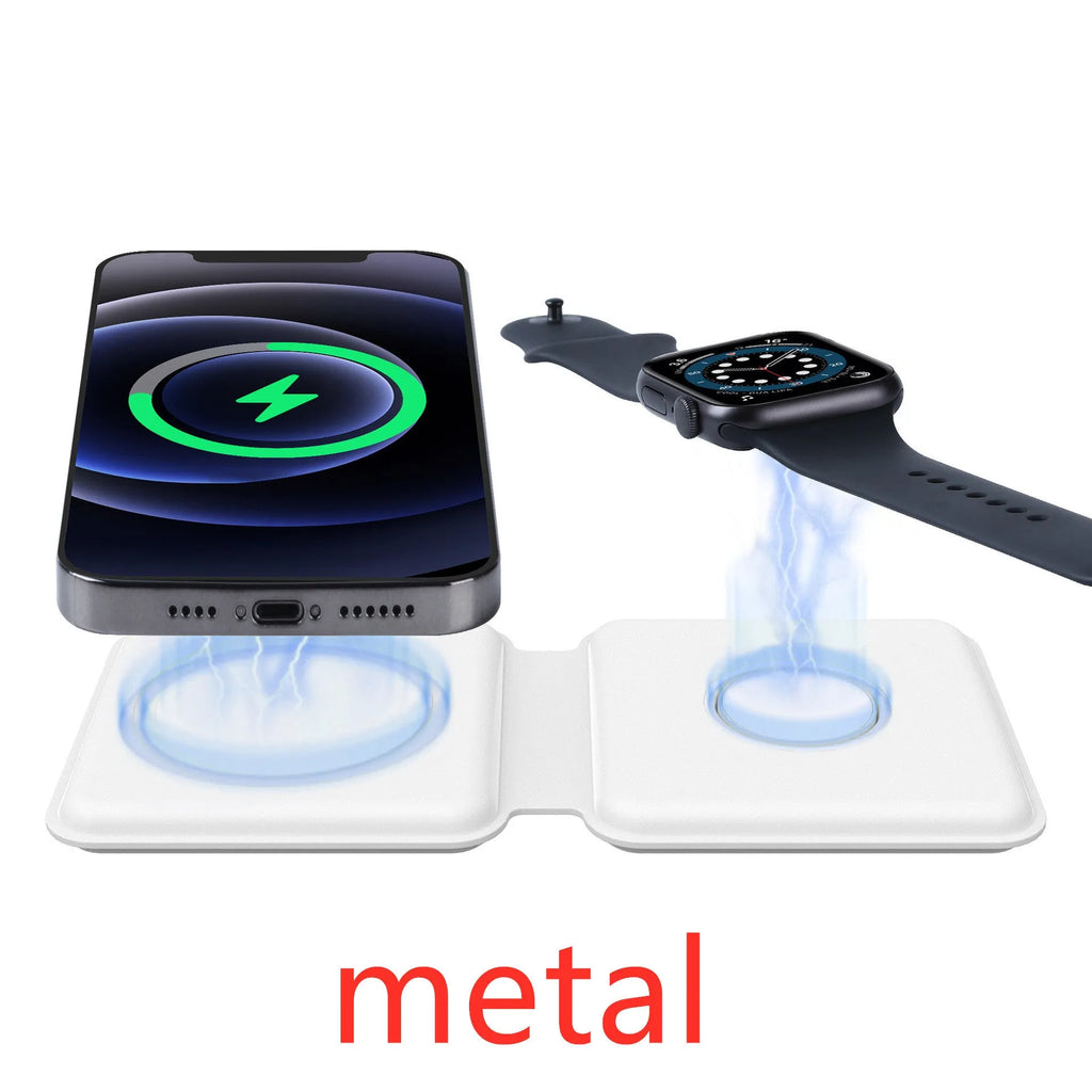 White foldable magnetic wireless charging dock showing dual charging surfaces and adjustable hinge