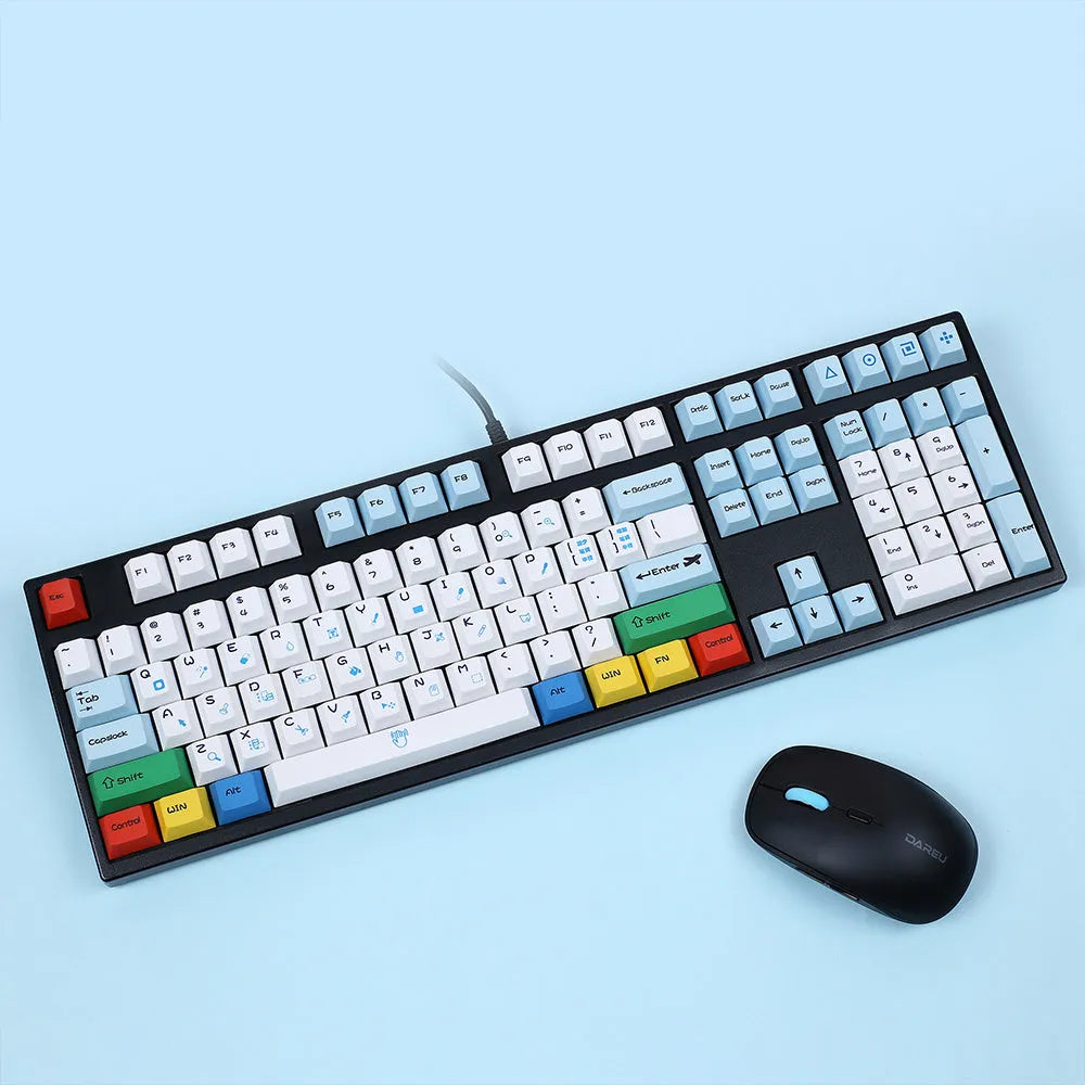 PlayStation-themed mechanical keyboard keycap set showing blue and white colourway with supplementary RGBK and CMYK keycaps