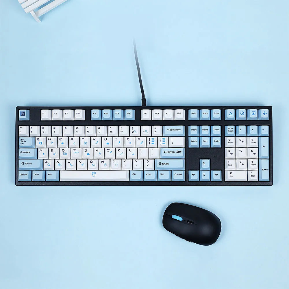PlayStation-themed mechanical keyboard keycap set showing blue and white colourway with supplementary RGBK and CMYK keycaps