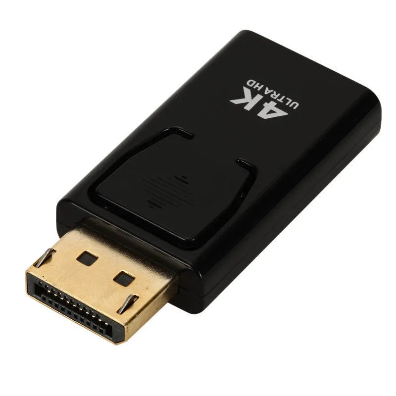 Black DisplayPort to HDMI adapter cable for connecting computers to 4K monitors.