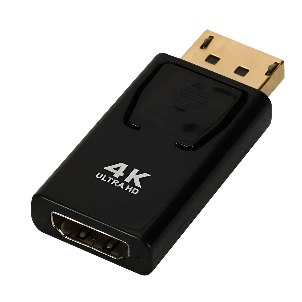 Black DisplayPort to HDMI adapter cable for connecting computers to 4K monitors.