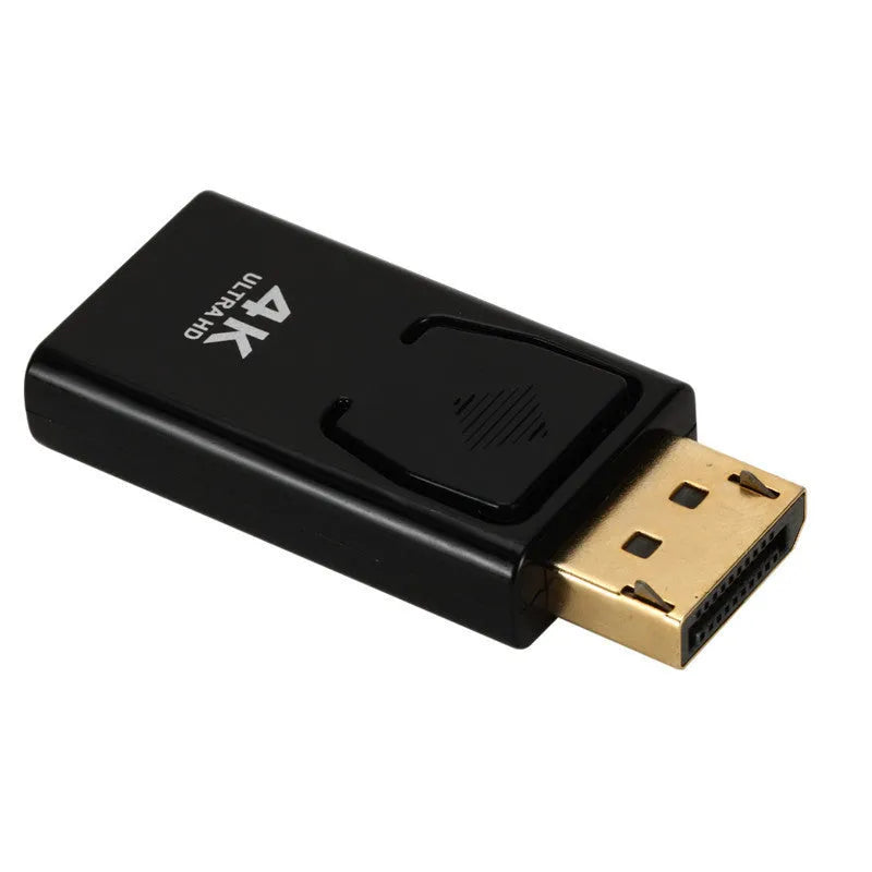 Black DisplayPort to HDMI adapter cable for connecting computers to 4K monitors.