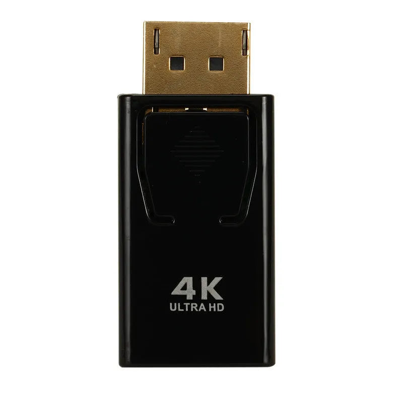 Black DisplayPort to HDMI adapter cable for connecting computers to 4K monitors.