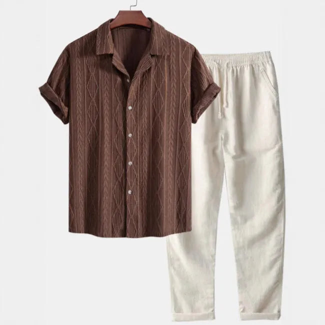 Men's slim-fit camouflage print casual suit with short sleeve shirt and trousers