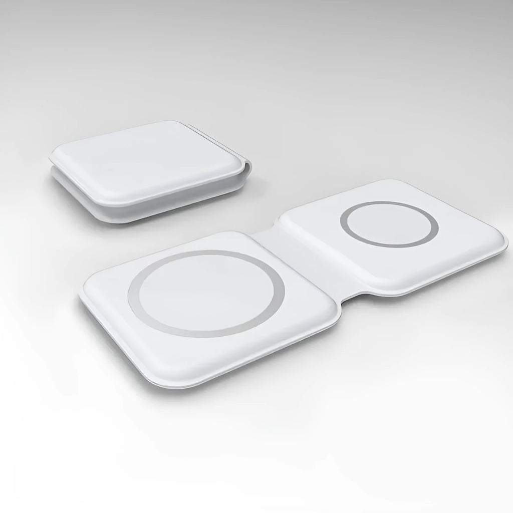 White foldable magnetic wireless charging dock showing dual charging surfaces and adjustable hinge