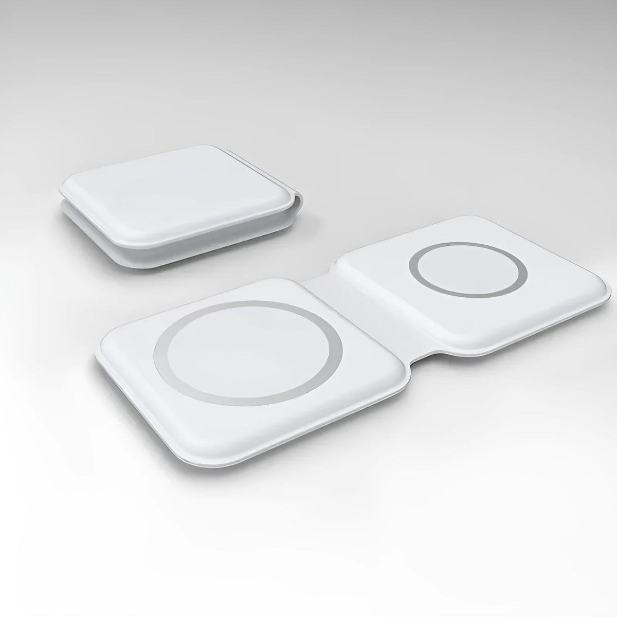 White foldable magnetic wireless charging dock showing dual charging surfaces and adjustable hinge