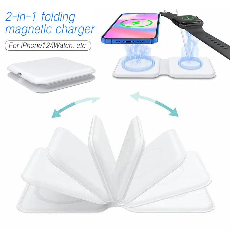 White foldable magnetic wireless charging dock showing dual charging surfaces and adjustable hinge
