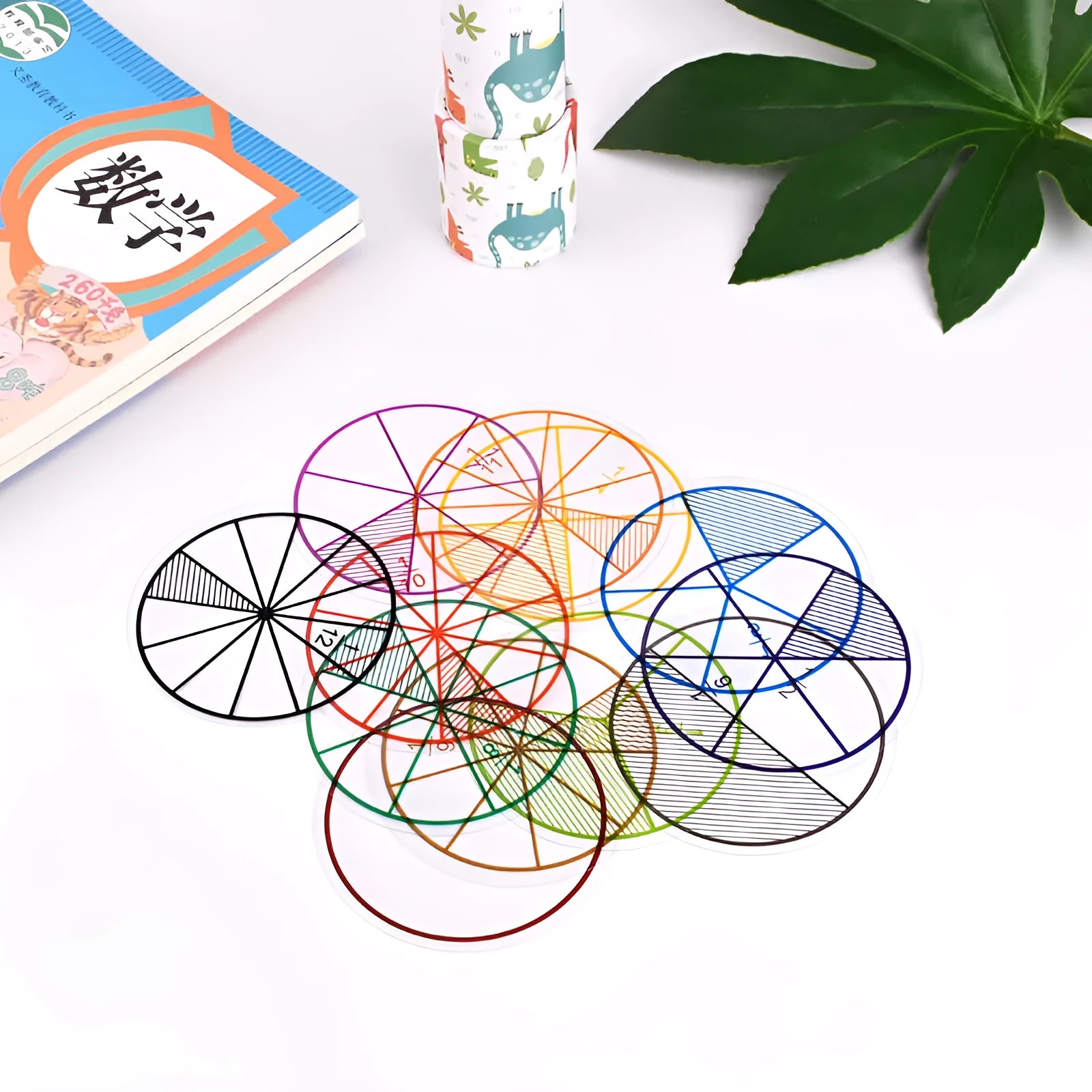 Plastic fraction teaching aids set with magnetic blocks and transparent films on a 23.3x13.7cm base.