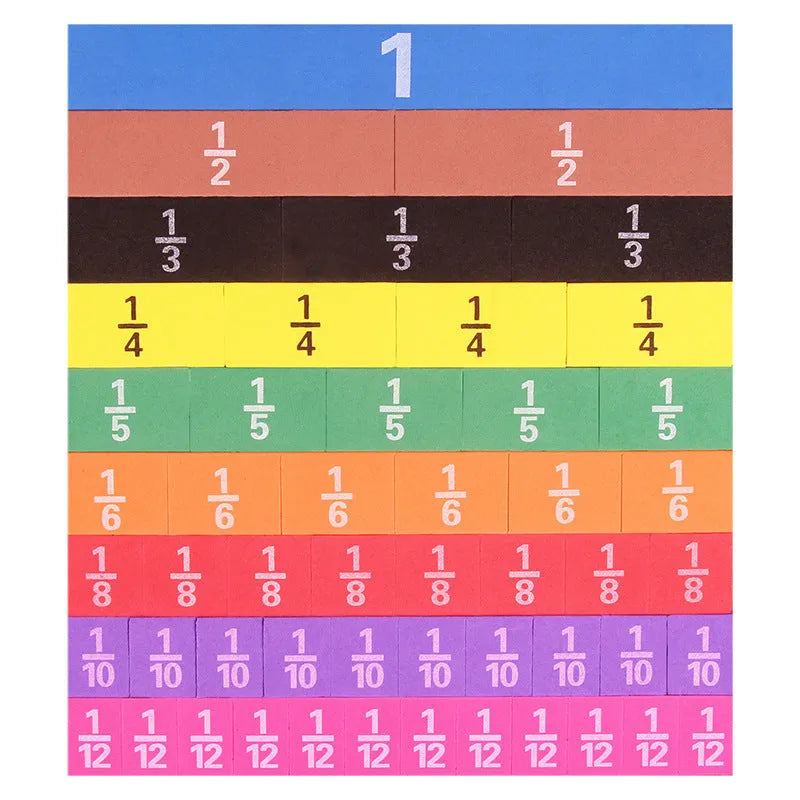 Plastic fraction teaching aids set with magnetic blocks and transparent films on a 23.3x13.7cm base.