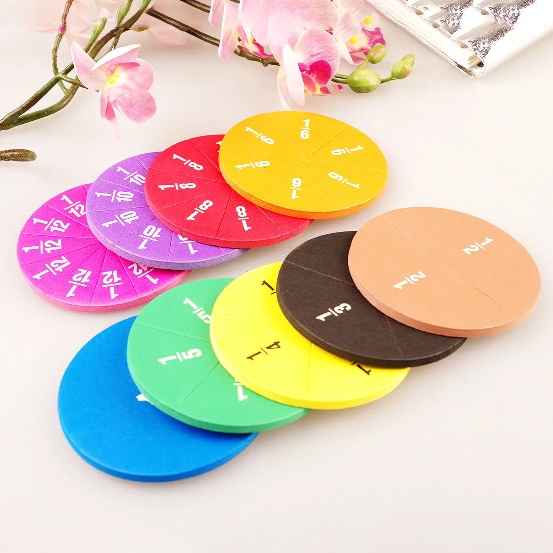 Plastic fraction teaching aids set with magnetic blocks and transparent films on a 23.3x13.7cm base.