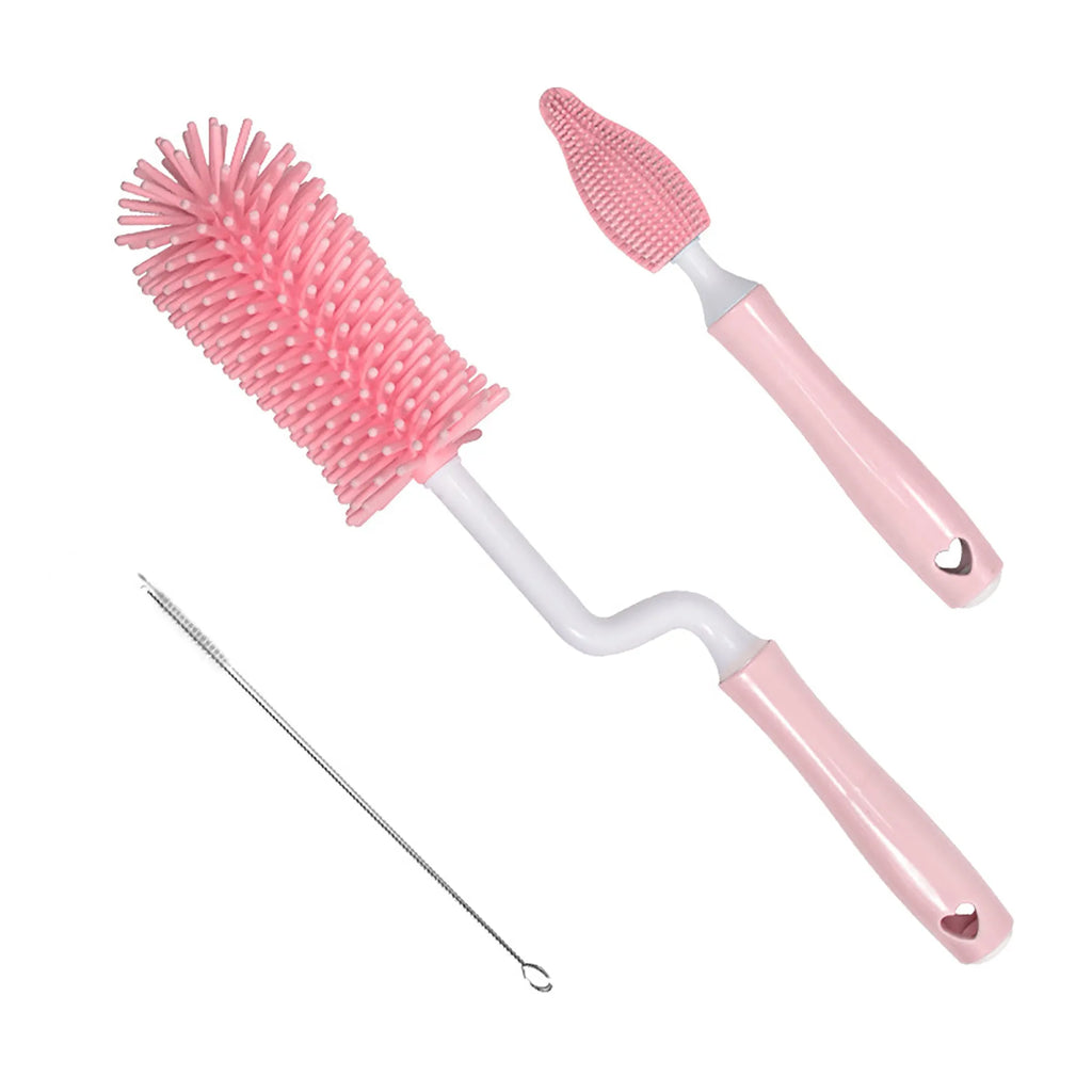 Silicone baby bottle brush with straw cleaning attachment in pink, blue, and yellow colours