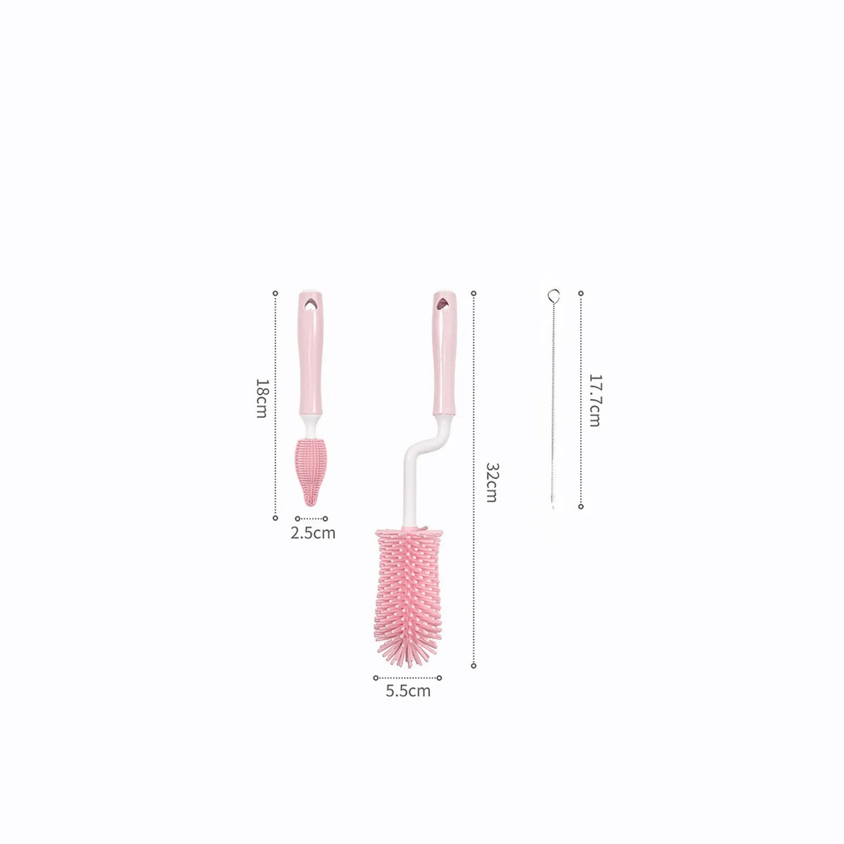 Silicone baby bottle brush with straw cleaning attachment in pink, blue, and yellow colours
