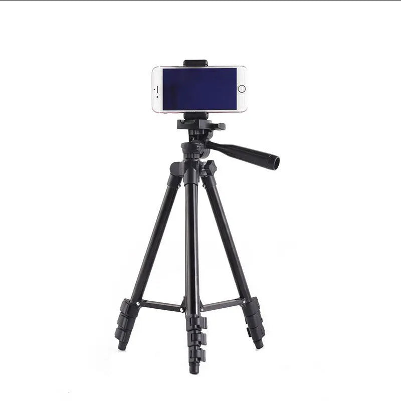 Black portable camera tripod with 4-section aluminium legs and 3D pan head extended to maximum height