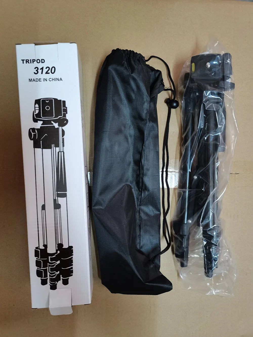 Black portable camera tripod with 4-section aluminium legs and 3D pan head extended to maximum height
