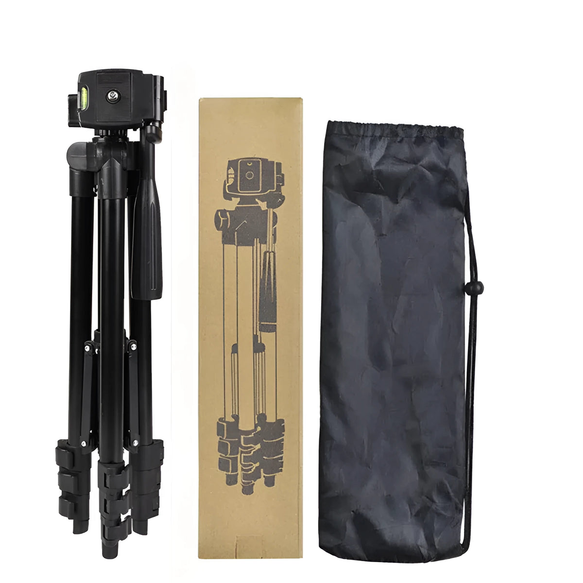 Black portable camera tripod with 4-section aluminium legs and 3D pan head extended to maximum height