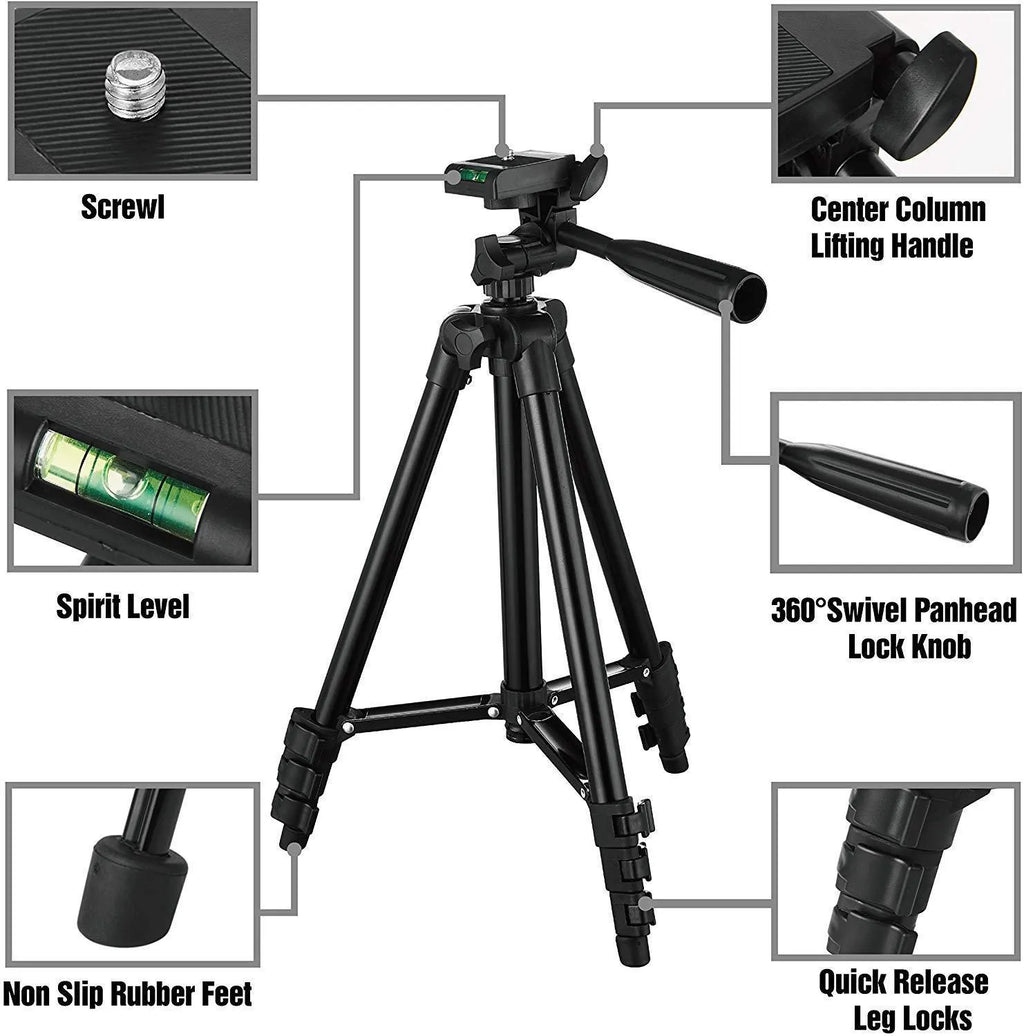 Black portable camera tripod with 4-section aluminium legs and 3D pan head extended to maximum height