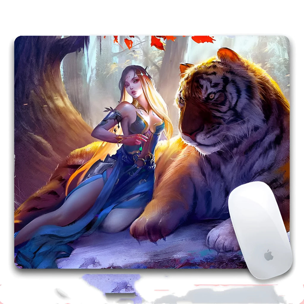 Custom rectangular mouse pad with printed cloth surface and rubber base on a wooden desk.