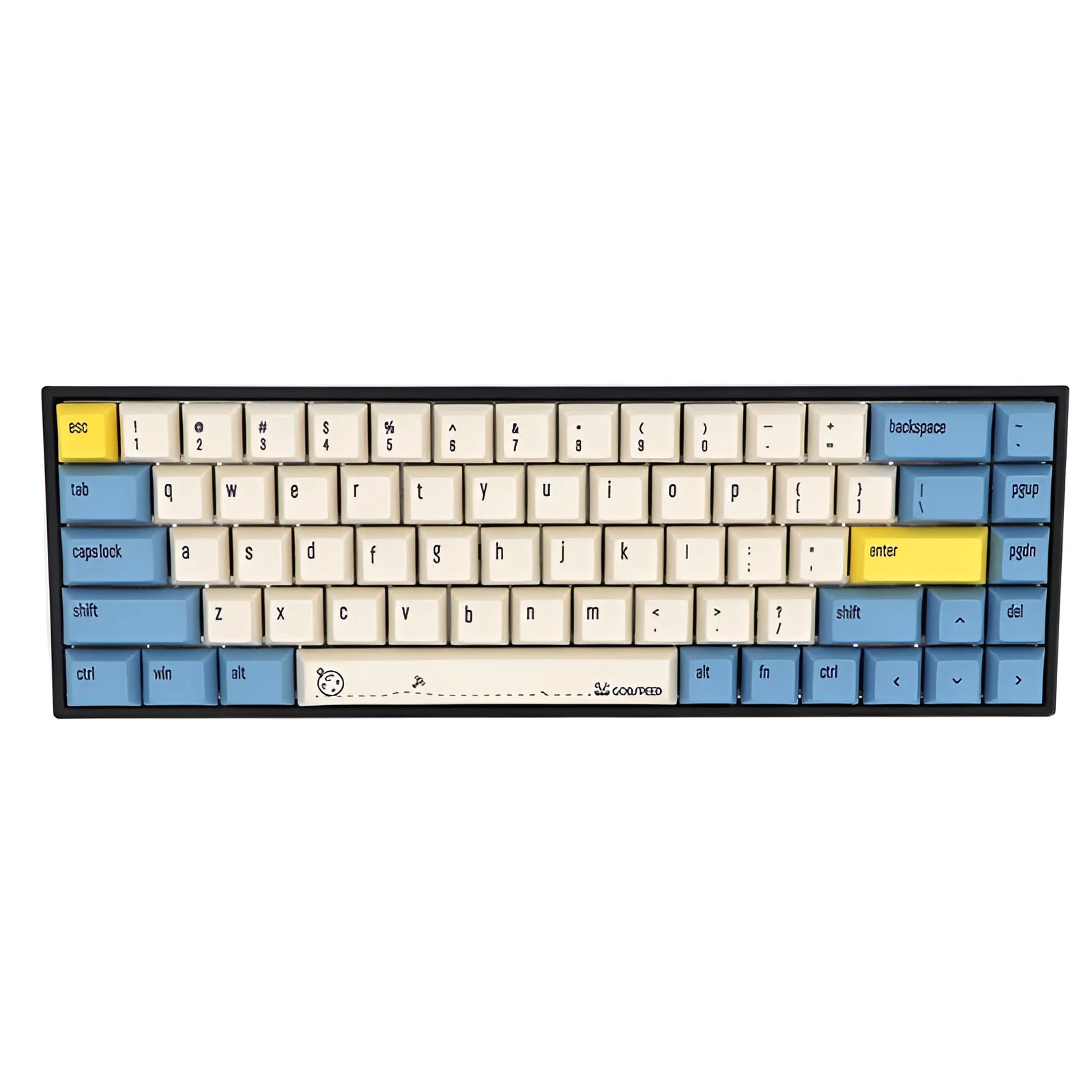 68-key PBT mechanical keyboard keycap set showing nine colour options including blue, grey, pink and yellow