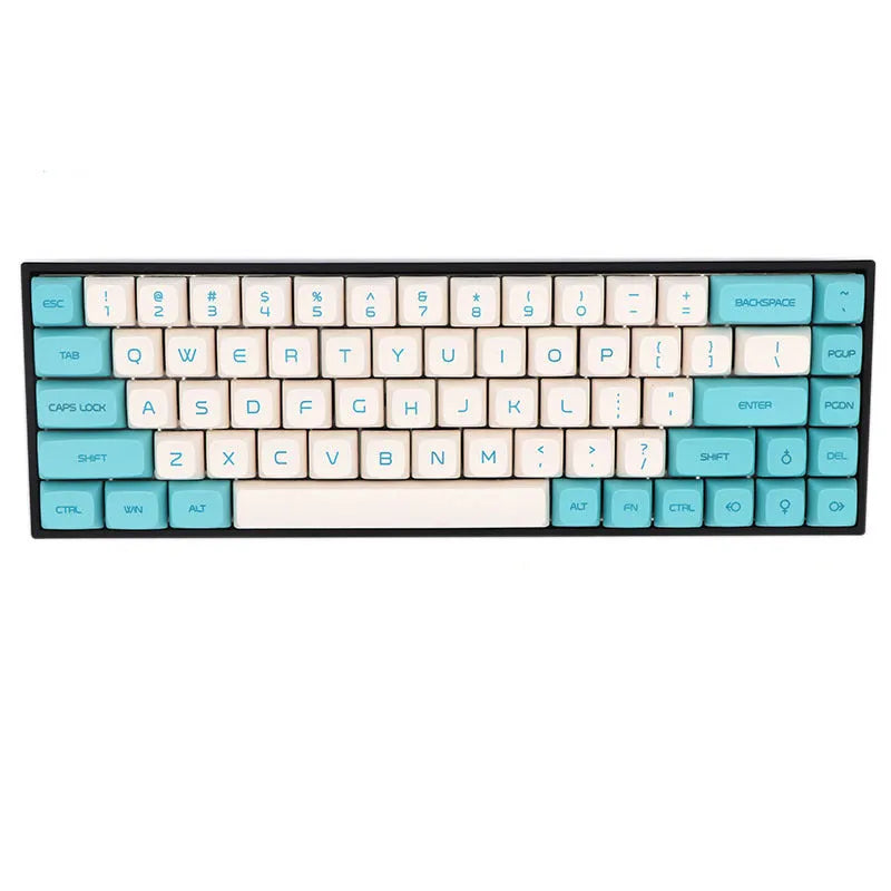 68-key PBT mechanical keyboard keycap set showing nine colour options including blue, grey, pink and yellow