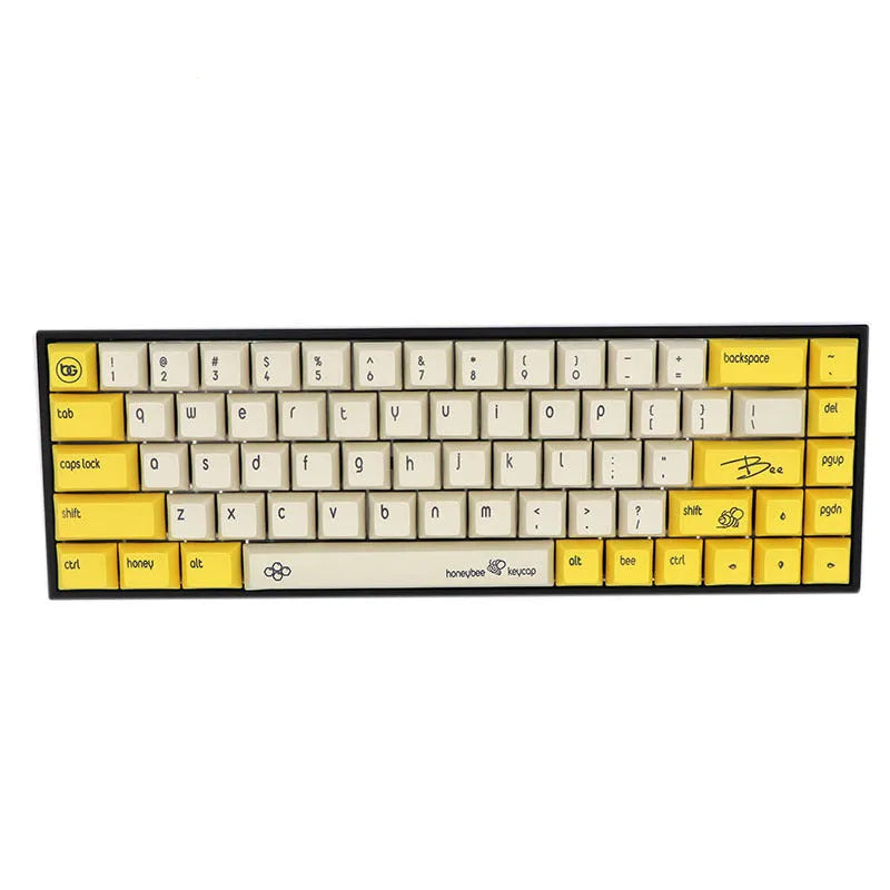 68-key PBT mechanical keyboard keycap set showing nine colour options including blue, grey, pink and yellow